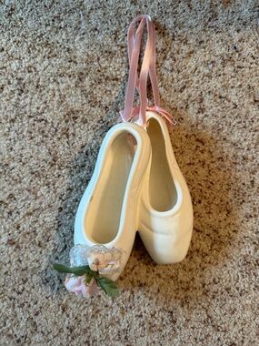 Girls Ivory Ballet Flats Wall Hanging with Pink Ribbon and Flower Accent